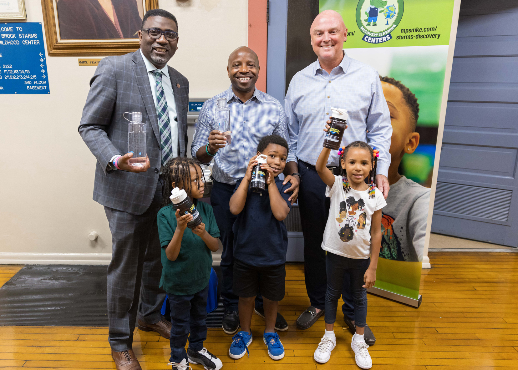 Mayor Cavalier Johnson, Todd Adams, Superintendent Keith Posley 